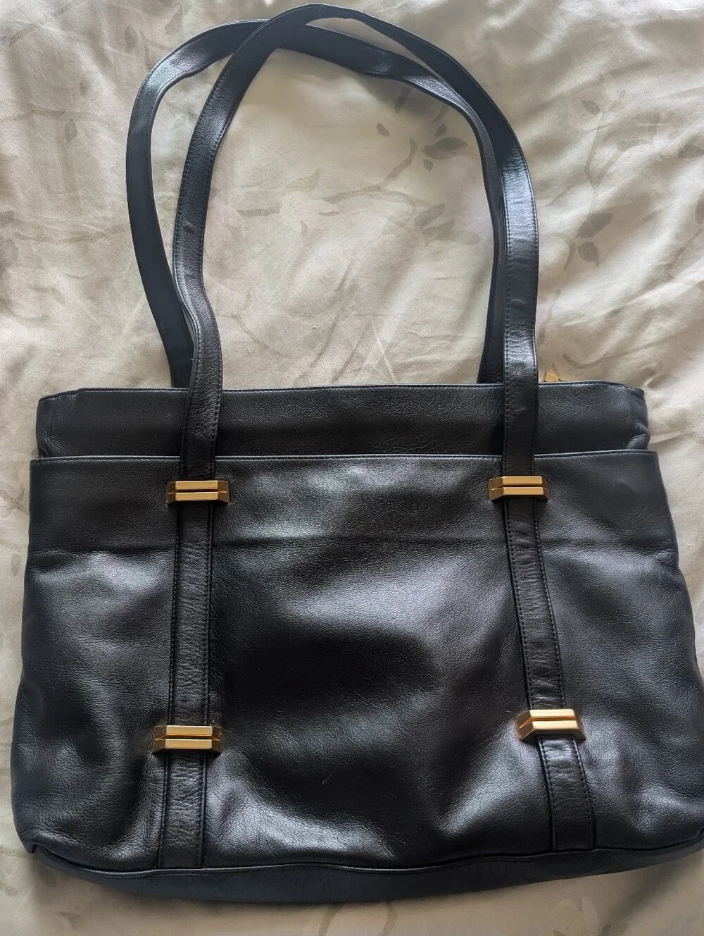 Vintage Perlina Black Leather Tote Bag with Gold Accents